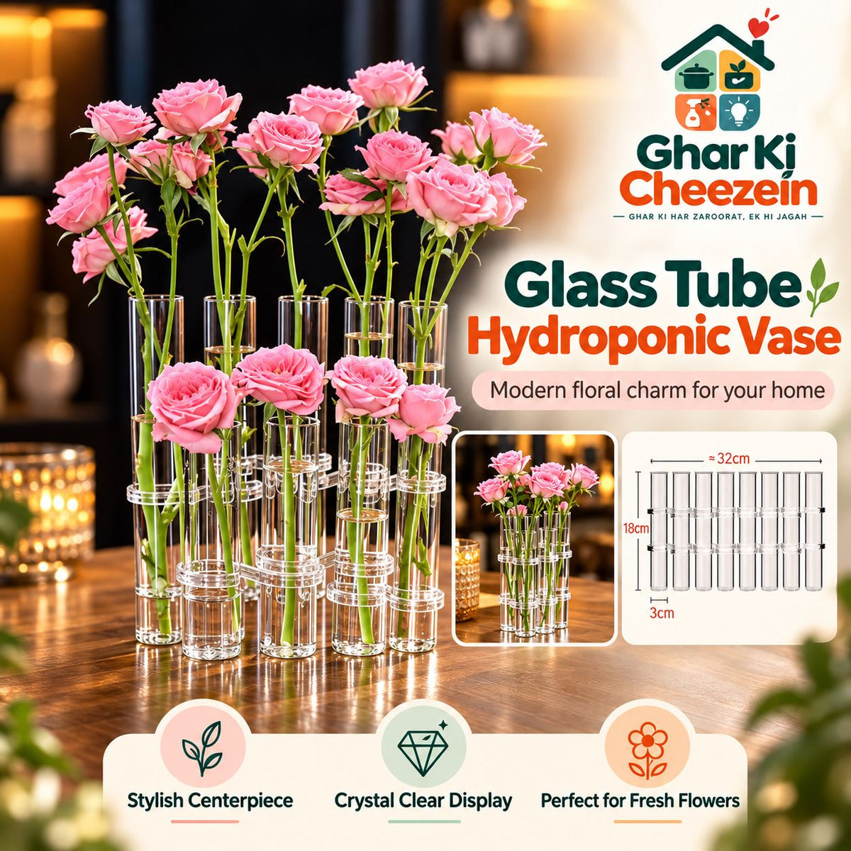 Glass Tube Hydroponic Vase - detail view 2 | Ghar Ki Cheezein