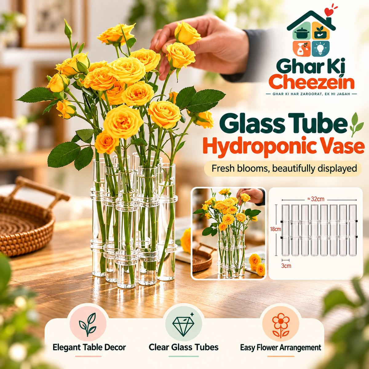 Glass Tube Hydroponic Vase - detail view 3 | Ghar Ki Cheezein