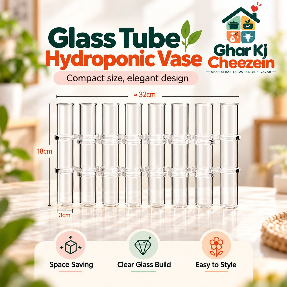 Glass Tube Hydroponic Vase - detail view 4 | Ghar Ki Cheezein