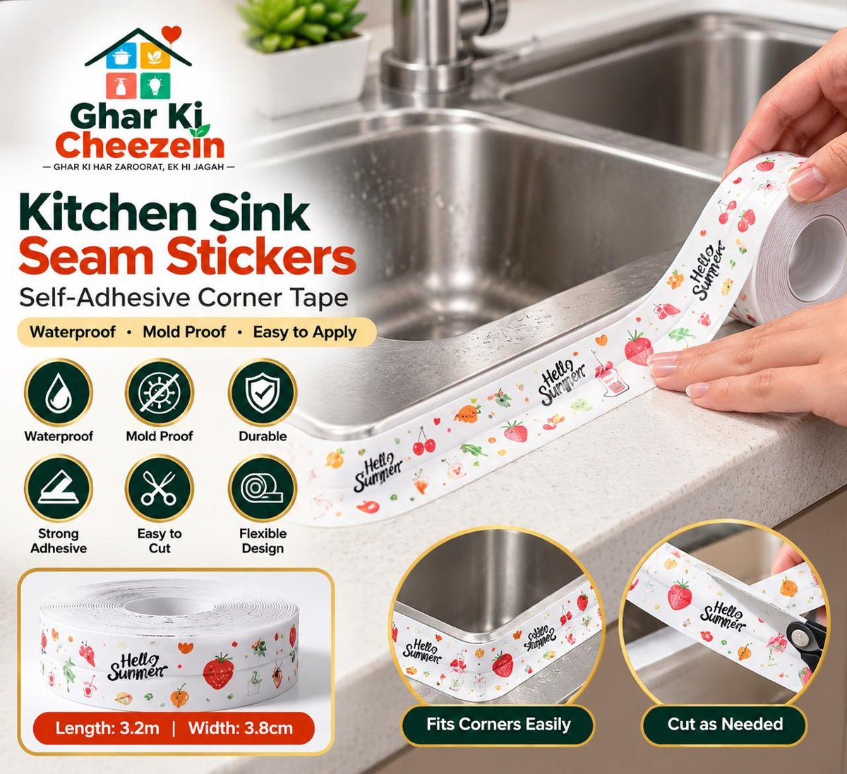 Kitchen Sink Seam Sticker Corner Tape - detail view 2 | Ghar Ki Cheezein